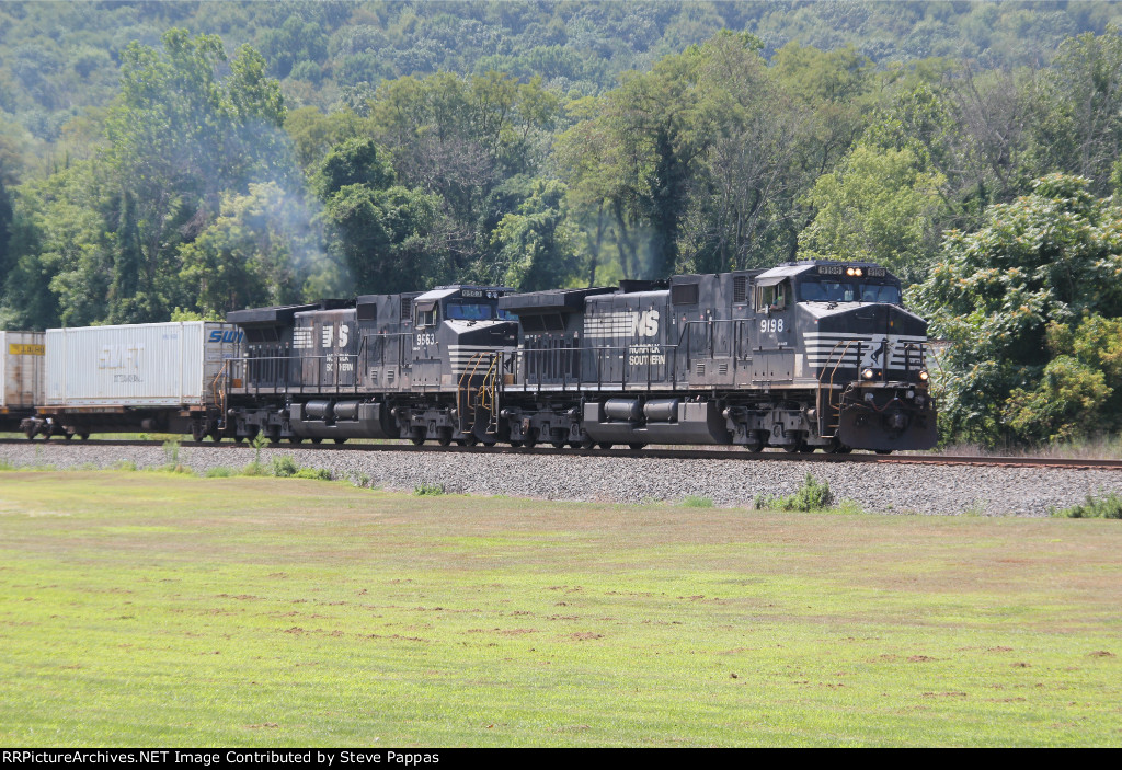 NS 9188 and 9563 take a container train westbound through Marysville PA